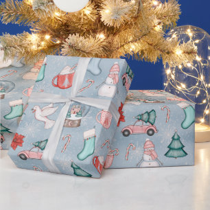 Cute Blue Whimsical Watercolor Christmas Gift Wrapping Paper