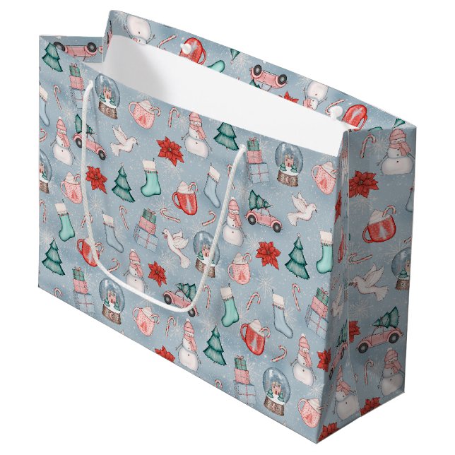 Cute Blue Whimsical Watercolor Christmas Large Gift Bag (Front Angled)