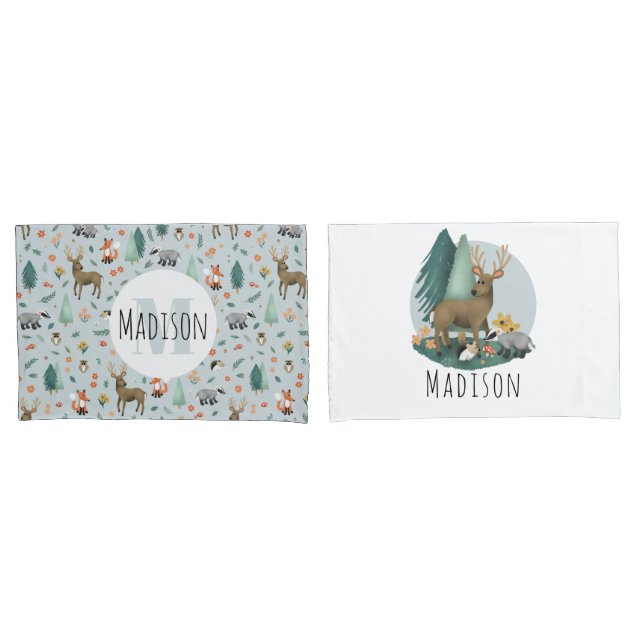 Cute Blue Whimsical Woodland Forest Pattern Kids Pillow Case (Front-Set)