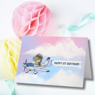 Cute Blue White Airplane & Dinosaur First Birthday Letterpress Thank You Card