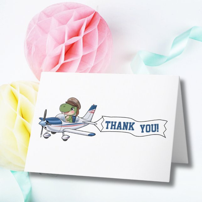 Cute Blue White Airplane & Dinosaur Kids Birthday Thank You Card (Creator Uploaded)