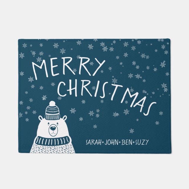Cute Blue & White Bear Merry Christmas Snowflakes Doormat (Front)