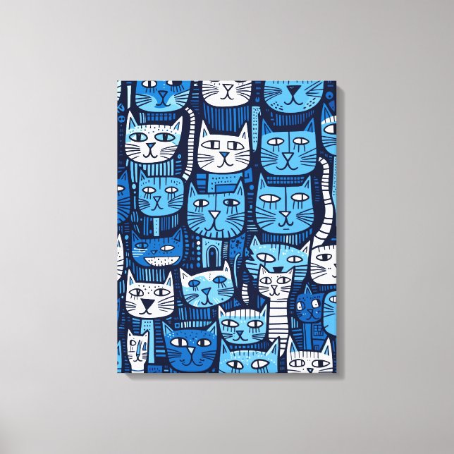 Cute Blue White Black Doodle Cat Lover Canvas Print (Front)