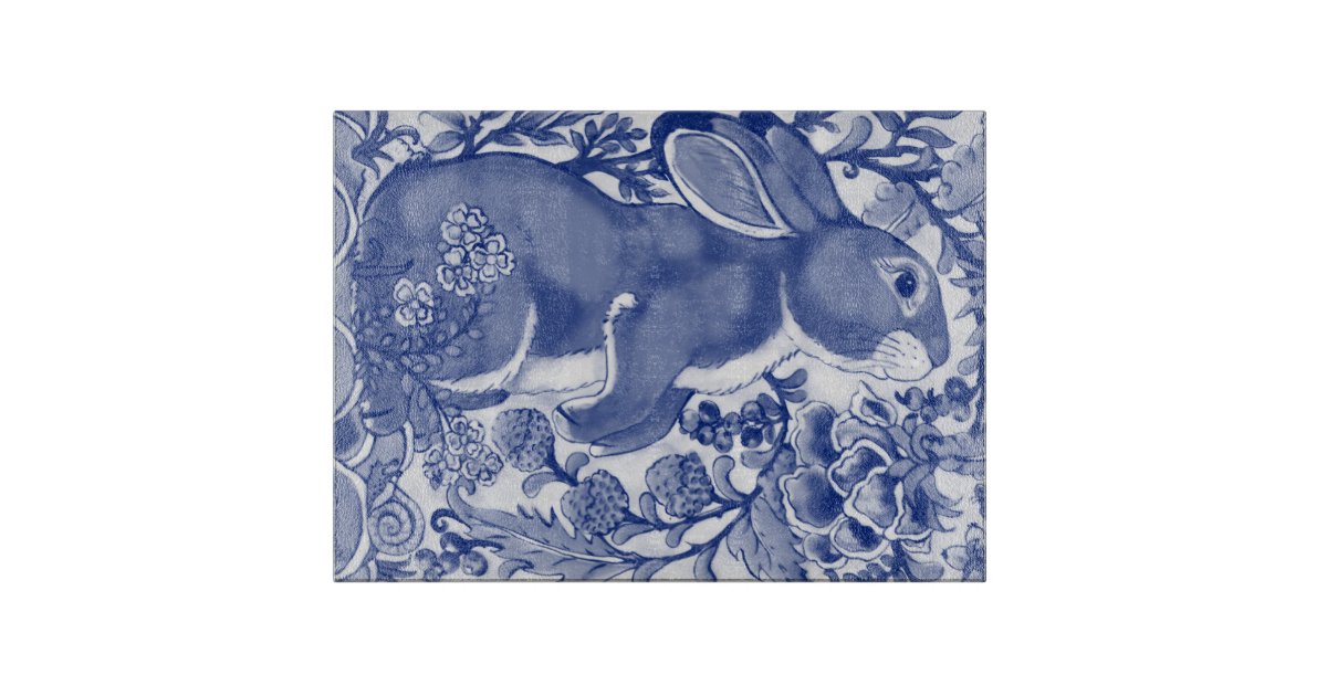 Cute Blue White Bunny Rabbit Snail Jacobean Floral Cutting Board | Zazzle
