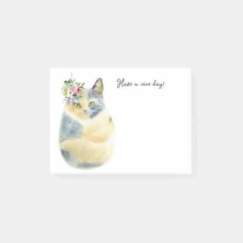 cute blue white cat boho flowers post it notes