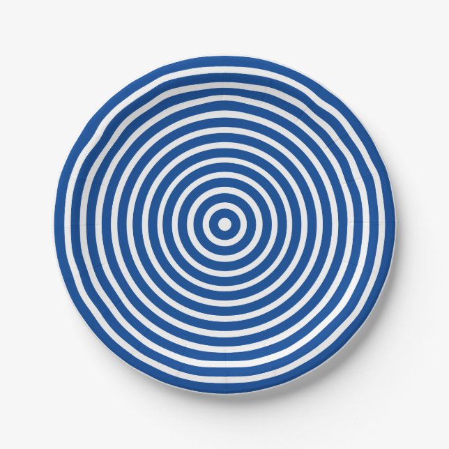 Cute blue & white circular stripes pattern modern paper plates (Front)