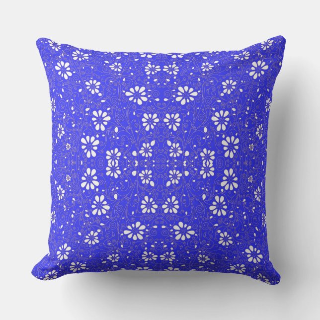 Cute blue white classic flowers pattern throw pillow (Front)