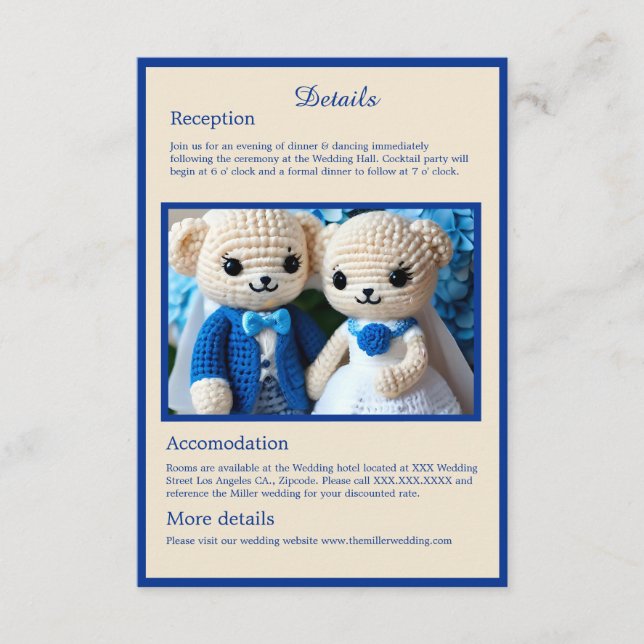 cute blue & white crochet wedding couple  enclosure card (Front)