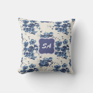 Cute Blue & White Floral Design Monogrammed Pillow