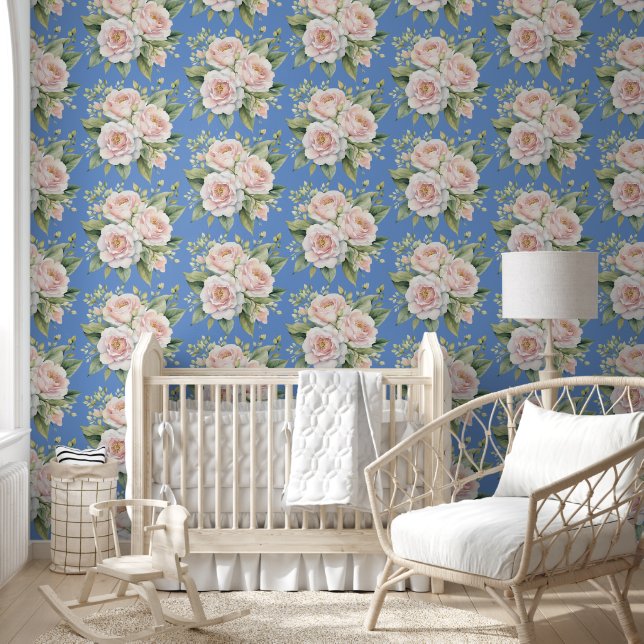 Cute Blue White Flower Pattern Kids Nursery Room Wallpaper (Kids)
