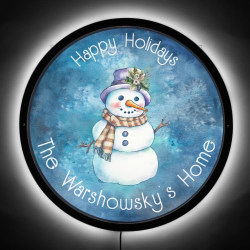Cute Blue White Happy Holidays Snowman Illuminated LED Sign