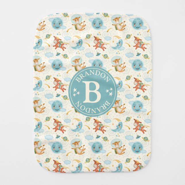 Cute Blue White Monogram Over The Moon Baby Burp Cloth (Front)
