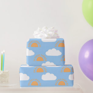 Cute blue white orange sunshine and clouds sky wrapping paper