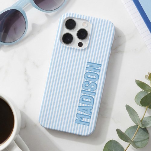 Cute Blue &amp; White Pinstripe Personalized Name iPhone 16 Pro Case