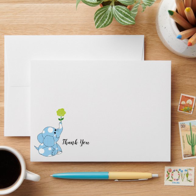 Cute Blue White Polka Dot Cartoon Elephant Envelope (Desk)