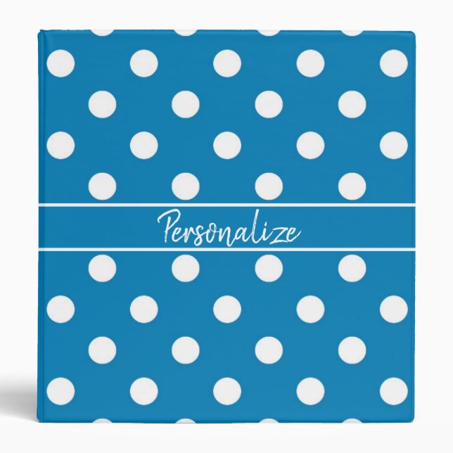 Cute Blue White Polka Dot Design Personalized 3 Ring Binder (Front)
