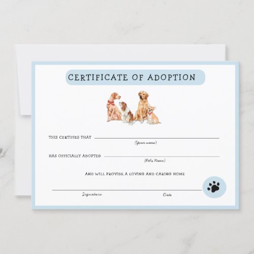 Cute Blue  White Puppy Adoption Certificate