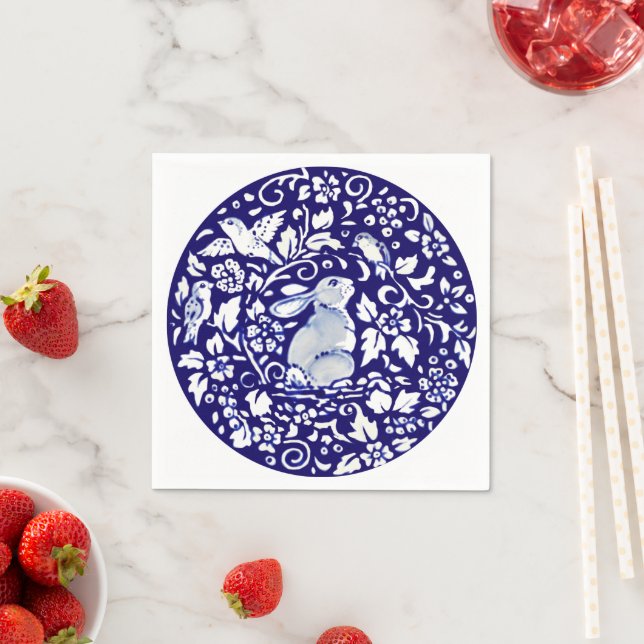 Cute Blue White Rabbit Sitting Bunny Dedham Delft Napkins (Insitu)