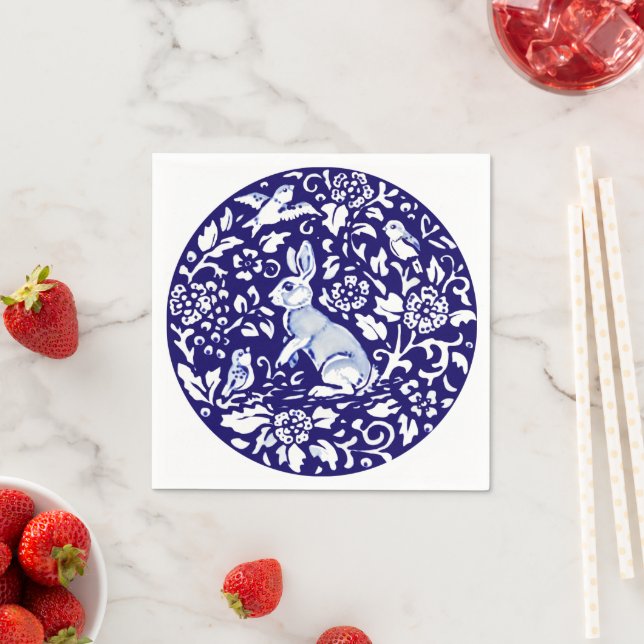 Cute Blue White Rabbit Standing Bunny Dedham Delft Napkins (Insitu)