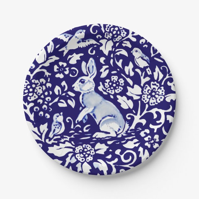 Cute Blue White Rabbit Standing Bunny Dedham Delft Paper Plates (Front)