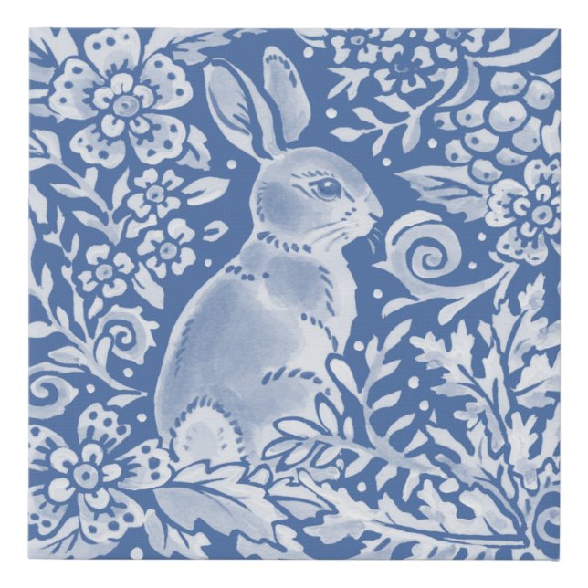 Cute Blue White Rabbit Woodland Whimsical Animal Faux Canvas Print (Front)