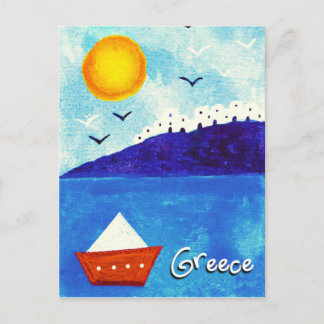CUTE BLUE WHITE RED WATERCOLOR GREEK BOAT POSTCARD