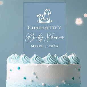 Cute Blue White Rocking Horse Baby Shower Cake Topper