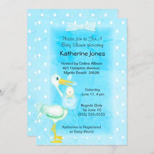 Cute Blue White Stork Baby  Boy Shower   Invitation