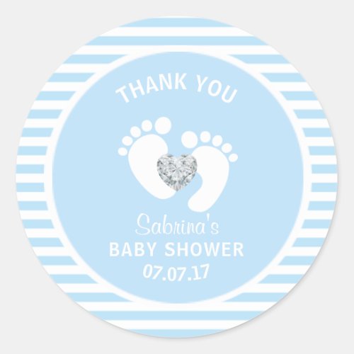 Cute Blue White Stripes Feet Heart Boy Baby Shower Classic Round Sticker
