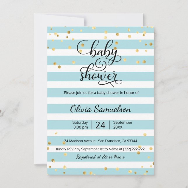 Cute Blue White Stripes Gold BOY Baby Shower Invitation (Front)