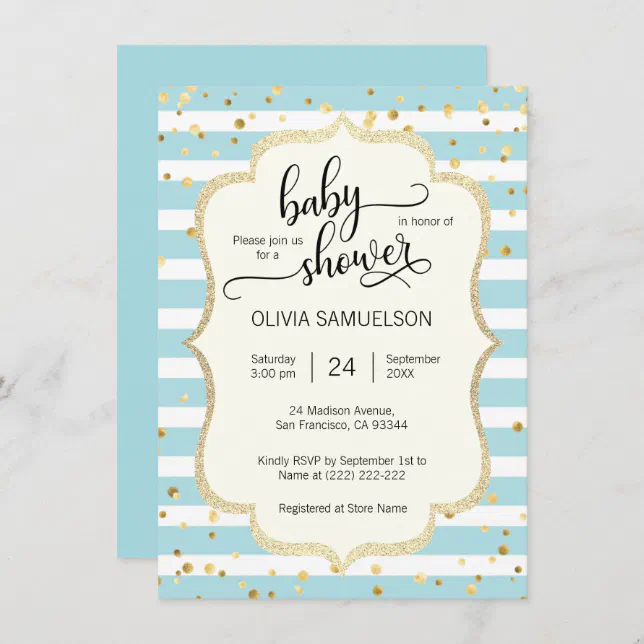 Cute Blue White Stripes Gold BOY Baby Shower Invitation | Zazzle