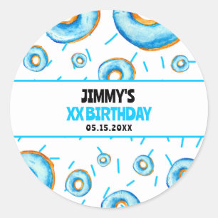 Cute Blue & White Watercolor Donut Boy Birthday Classic Round Sticker
