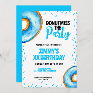 Cute Blue & White Watercolor Donut Boy Birthday Invitation