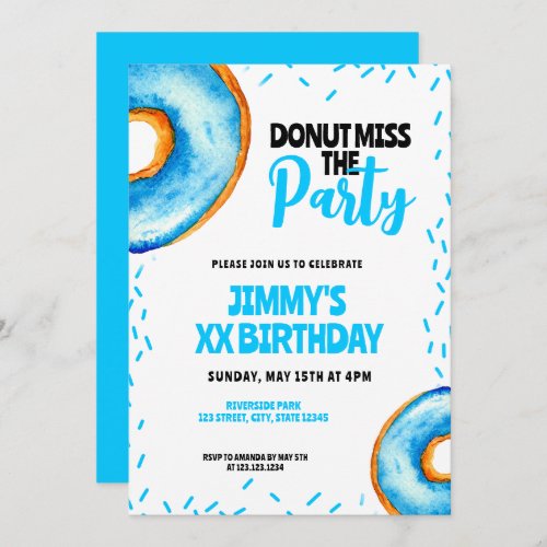 Cute Blue  White Watercolor Donut Boy Birthday Invitation