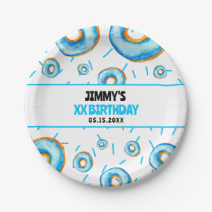 Cute Blue & White Watercolor Donut Boy Birthday Paper Plates