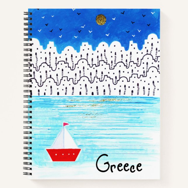 CUTE BLUE & WHITE WATERCOLOR GREECE NOTEBOOK (Front)