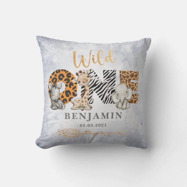Cute Blue Wild Safari Jungle Animals Throw Pillow (Front)