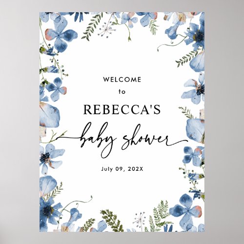 Cute Blue Wildflowers Baby Shower Welcome Posters