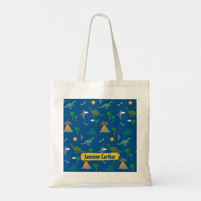 Cute Blue Wildlife Dinosaur Pattern Personalized Tote Bag (Back)