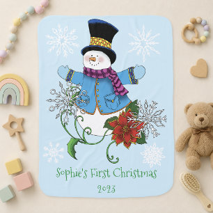 Cute Blue Winter Snowman Poinsettia Christmas Baby Blanket