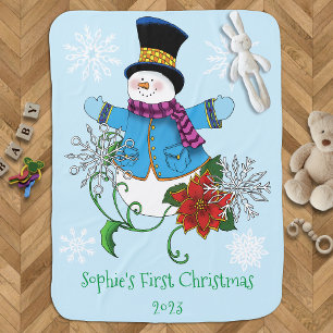 Cute Blue Winter Snowman Poinsettia Christmas Baby Blanket