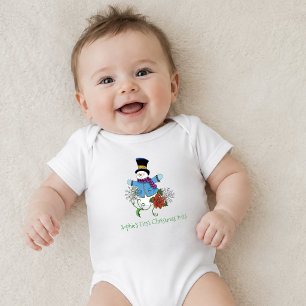 Cute Blue Winter Snowman Poinsettia Christmas Baby Bodysuit