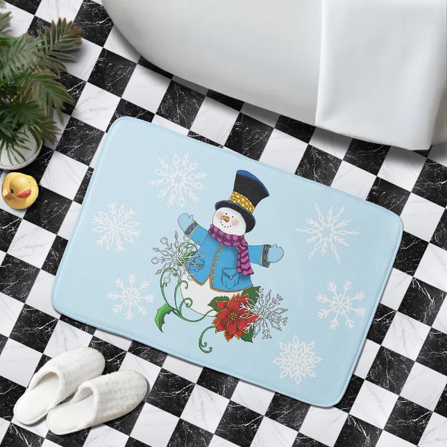 Cute Blue Winter Snowman Poinsettia Christmas Bath Mat (Creator Uploaded)
