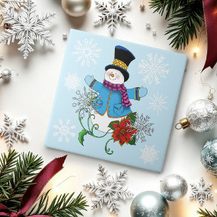 Cute Blue Winter Snowman Poinsettia Christmas Ceramic Tile
