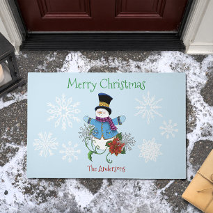 Cute Blue Winter Snowman Poinsettia Christmas Doormat