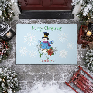 Cute Blue Winter Snowman Poinsettia Christmas Doormat