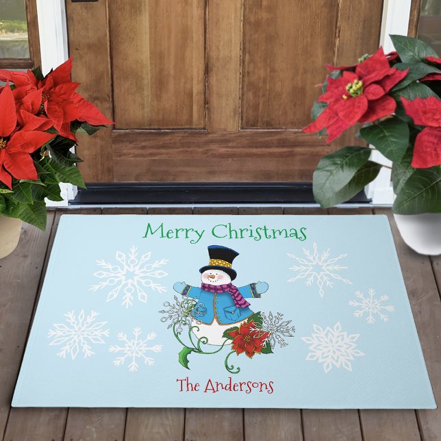 Cute Blue Winter Snowman Poinsettia Christmas Doormat (Creator Uploaded)