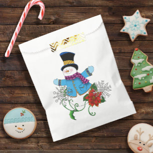 Cute Blue Winter Snowman Poinsettia Christmas Favor Bag