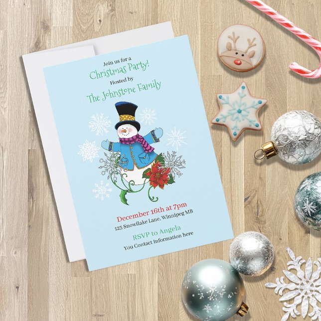 Cute Blue Winter Snowman Poinsettia Christmas Invitation (Creator Uploaded)