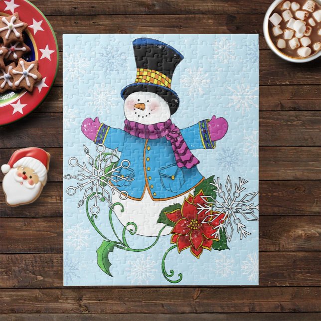 Cute Blue Winter Snowman Poinsettia Christmas Jigsaw Puzzle (Creator Uploaded)